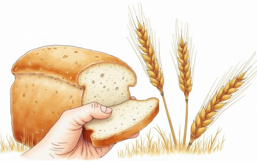 Person examining wheat, barley, and rye grains alongside a slice of bread