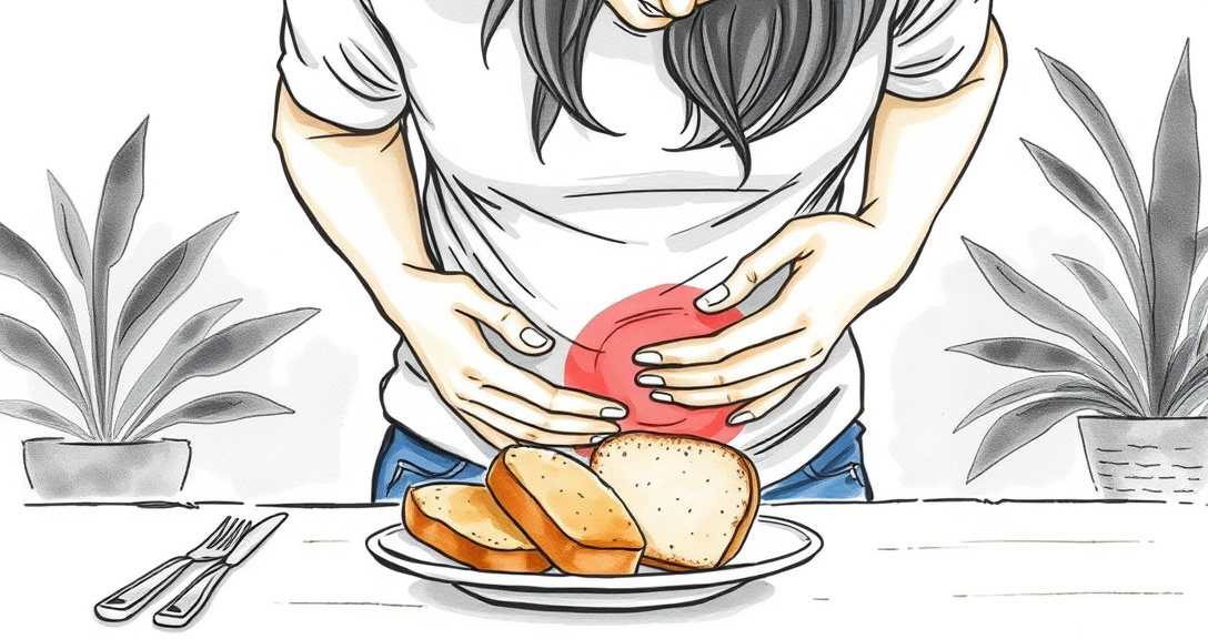 Person touching their stomach while looking distressed at a plate of bread on the table.