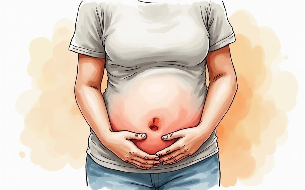 Person holding their swollen stomach in discomfort after eating