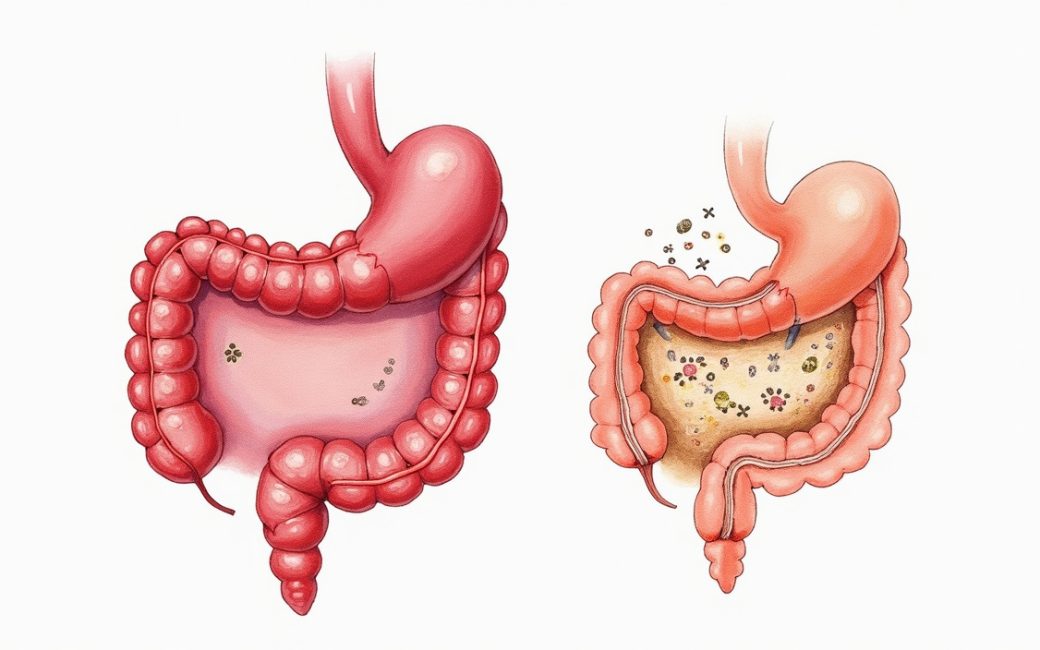 Intestinal villi comparison showing damage from celiac disease immune response